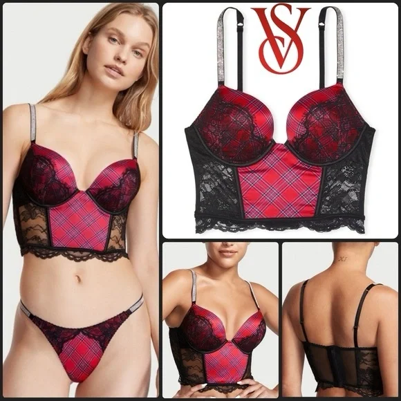 Victoria's Secret Red Plaid and Black Lace Bustier panty set of 3 34d/ medium - Picture 2 of 6